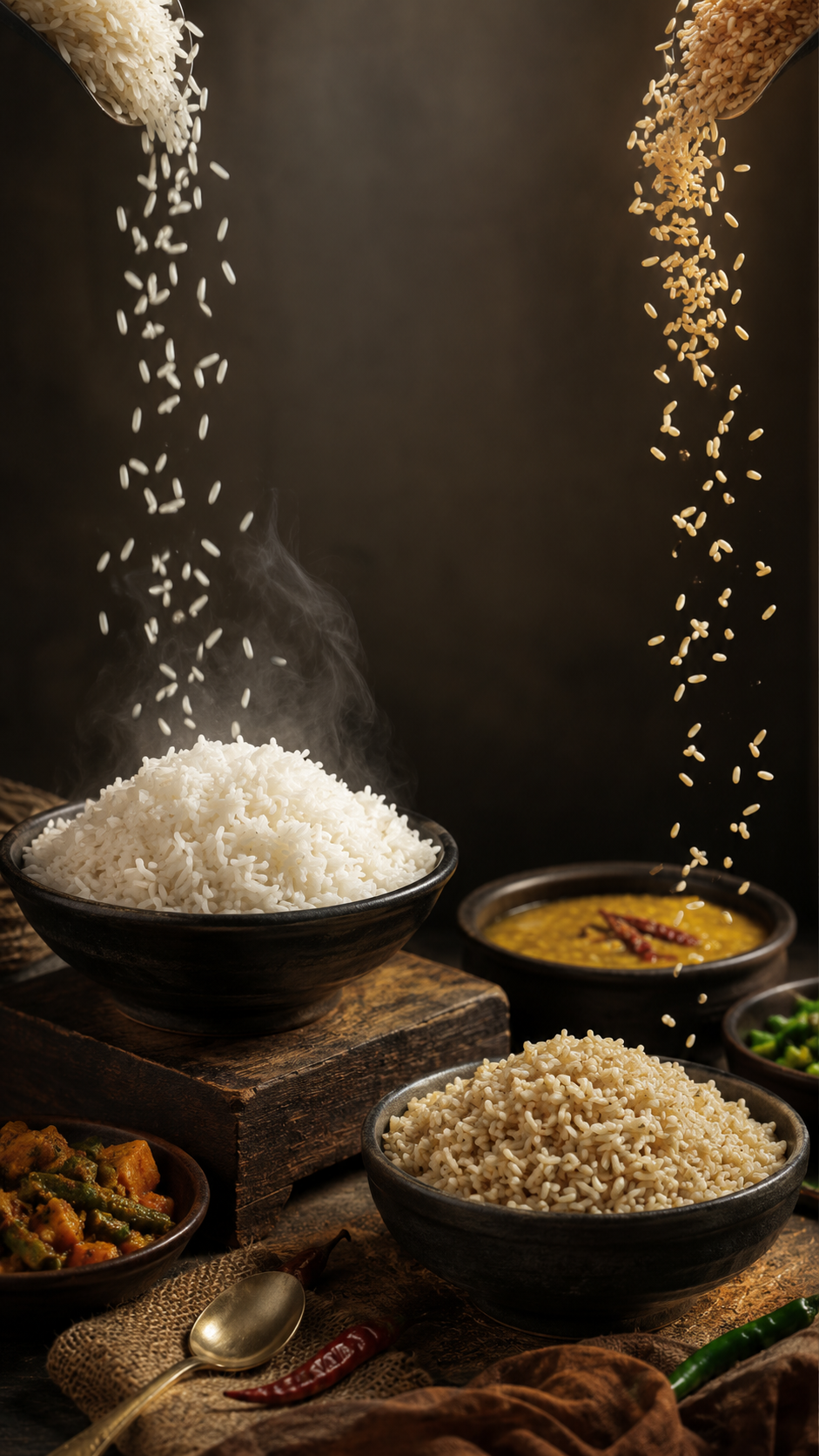 Rustic Rice Feast Under Falling Grains