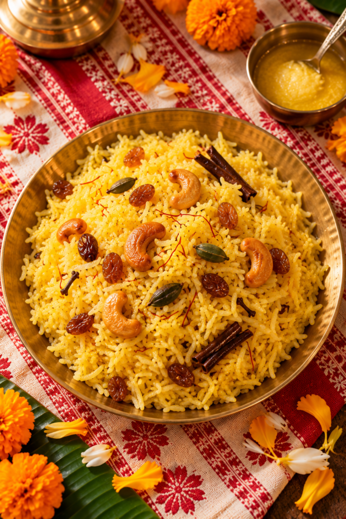 Basanti pulao made with husking Banskathi rice, a festive Bengali sweet pulao
