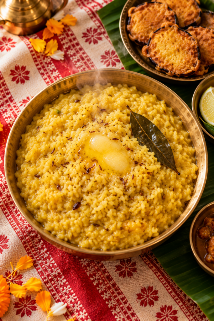 Bhog khichuri made with husking Dudheshwar rice, a traditional Puja-style recipe