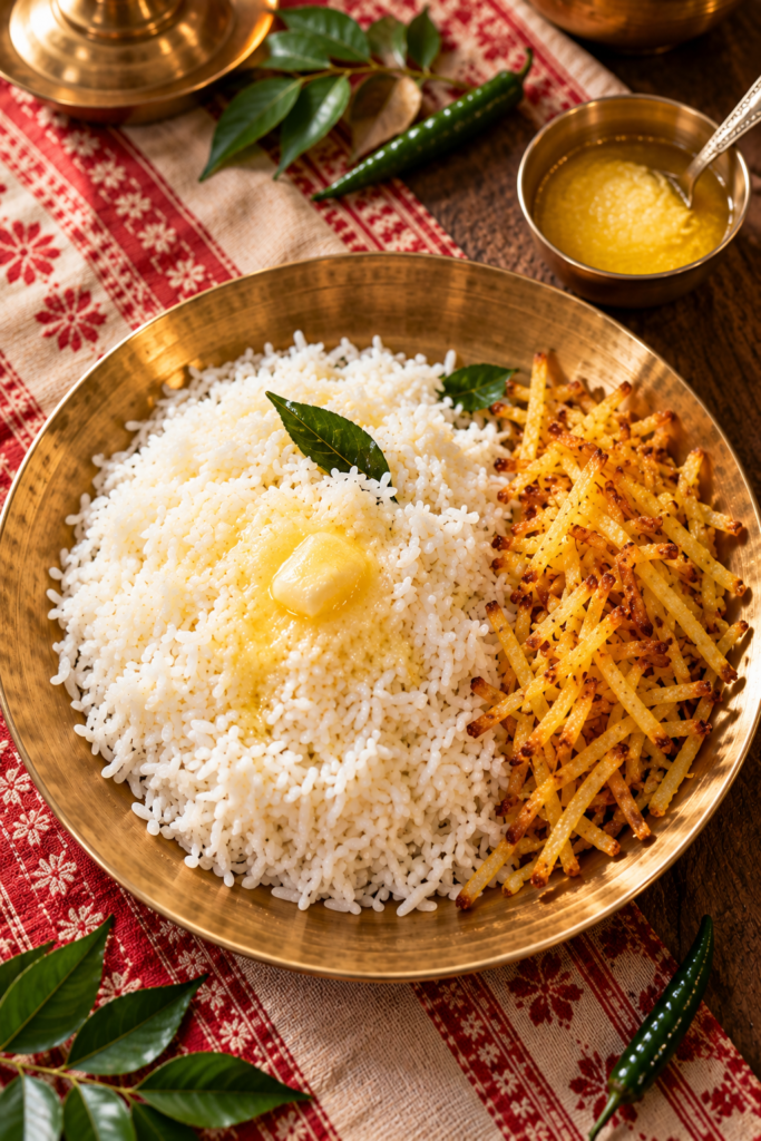 Ghee bhaat with crispy aloo bhaja served in a traditional bell-metal plate