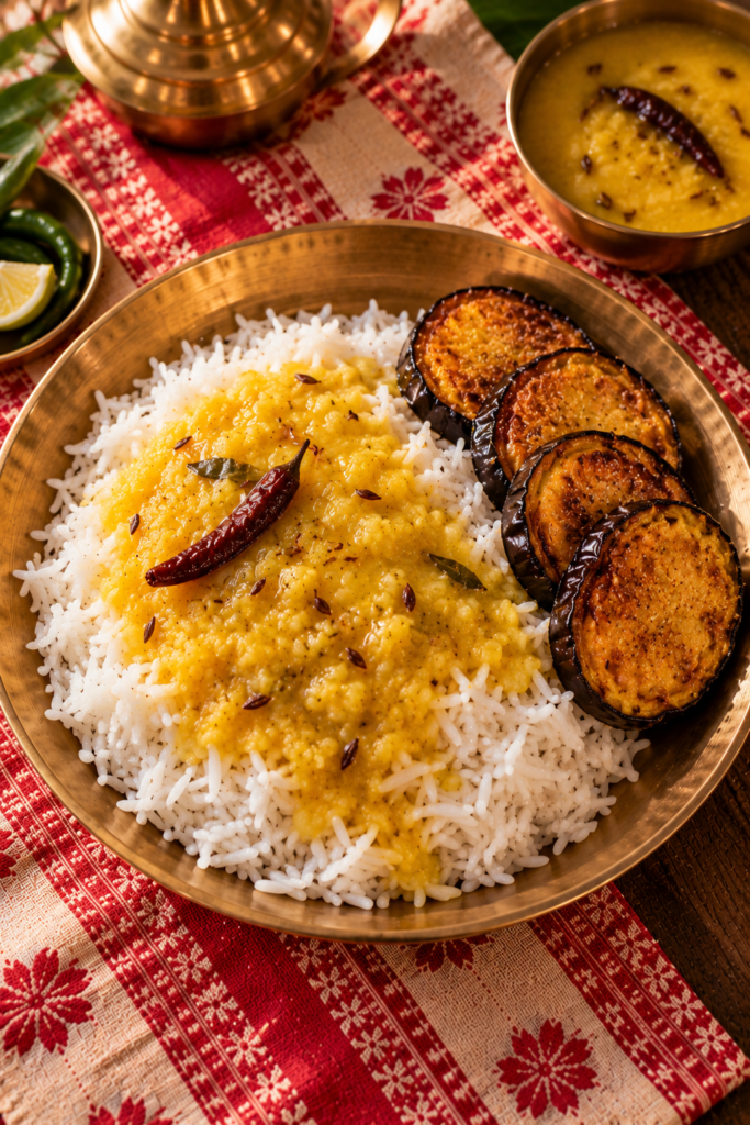 Moong dal bhaat with begun bhaja, served with husking Miniket rice