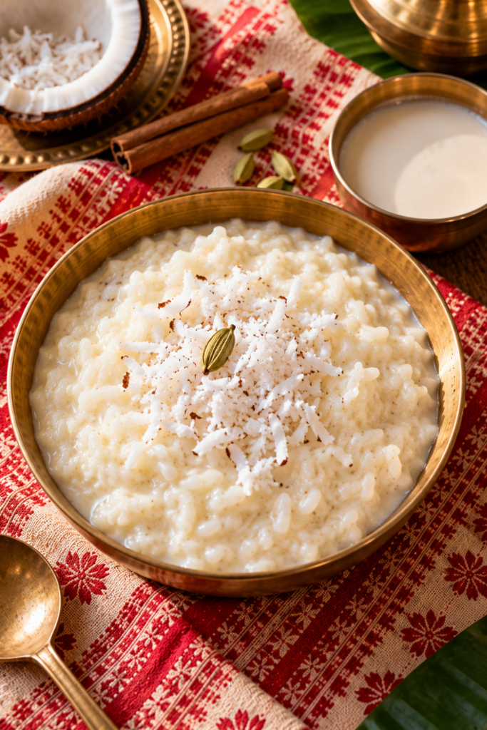 Narkel dudh bhaat made with husking Miniket rice and coconut milk, a festive Bengali recipe